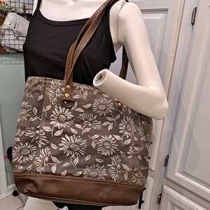 Myra Bag W/White Flower Patterned in Gray Brown Tote W/Brown Leather Trim
